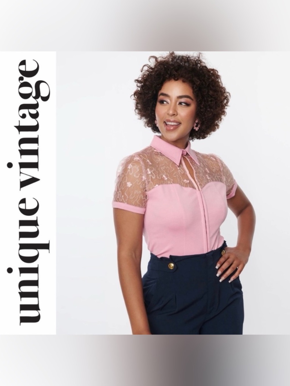 Unique Vintage Pink Lace Yoke Collared Blouse